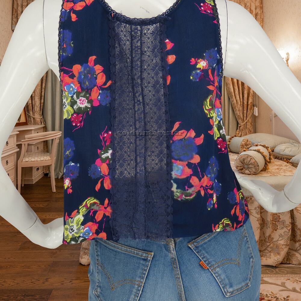 Free People Floral Lace Tank Top Boho Blue L